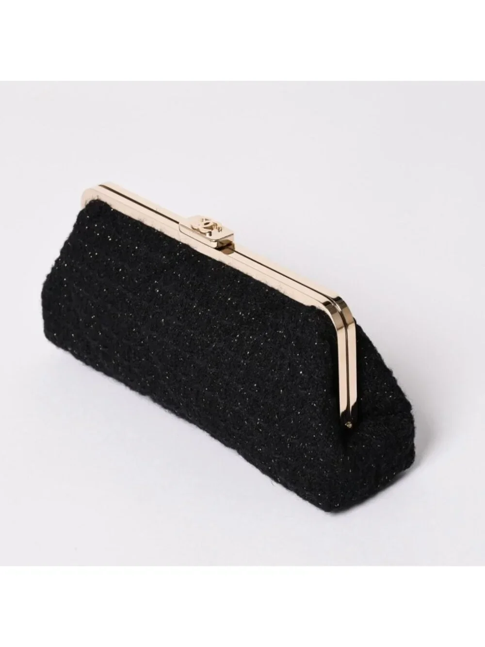 Chanel Clutch Pouch CC Logo Tweed Kiss Lock Black Gold